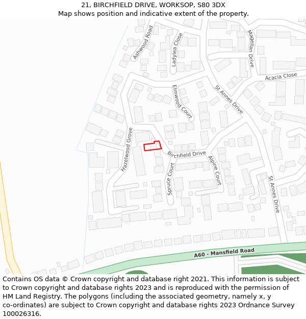 21, BIRCHFIELD DRIVE, WORKSOP, S80 3DX: Location map and indicative extent of plot