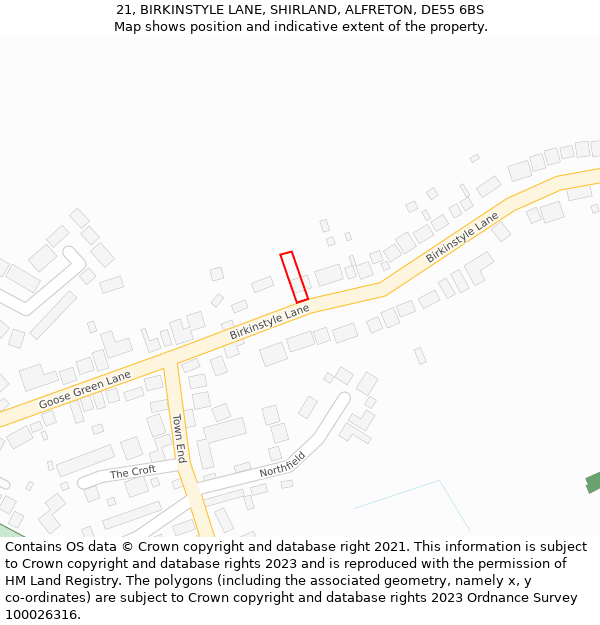 21, BIRKINSTYLE LANE, SHIRLAND, ALFRETON, DE55 6BS: Location map and indicative extent of plot