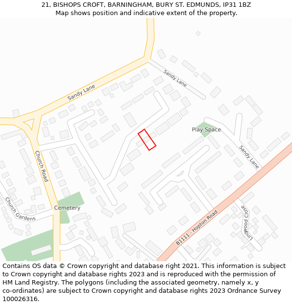 21, BISHOPS CROFT, BARNINGHAM, BURY ST. EDMUNDS, IP31 1BZ: Location map and indicative extent of plot