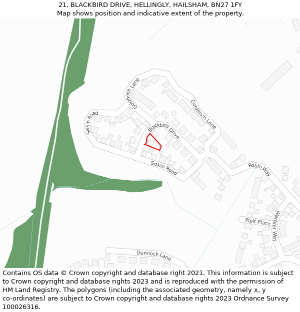 21, BLACKBIRD DRIVE, HELLINGLY, HAILSHAM, BN27 1FY: Location map and indicative extent of plot