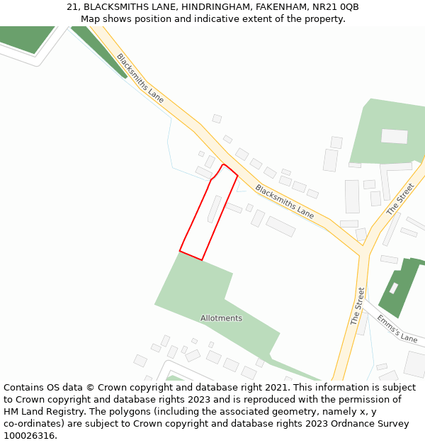 21, BLACKSMITHS LANE, HINDRINGHAM, FAKENHAM, NR21 0QB: Location map and indicative extent of plot