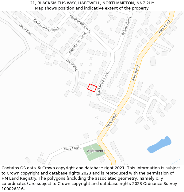 21, BLACKSMITHS WAY, HARTWELL, NORTHAMPTON, NN7 2HY: Location map and indicative extent of plot