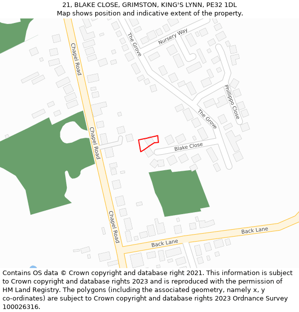 21, BLAKE CLOSE, GRIMSTON, KING'S LYNN, PE32 1DL: Location map and indicative extent of plot