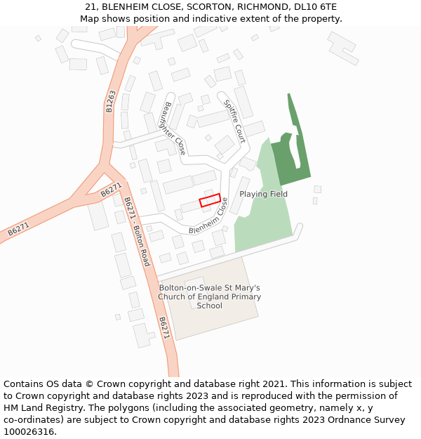 21, BLENHEIM CLOSE, SCORTON, RICHMOND, DL10 6TE: Location map and indicative extent of plot