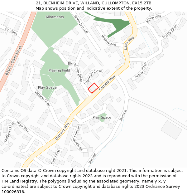 21, BLENHEIM DRIVE, WILLAND, CULLOMPTON, EX15 2TB: Location map and indicative extent of plot