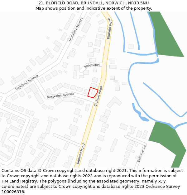 21, BLOFIELD ROAD, BRUNDALL, NORWICH, NR13 5NU: Location map and indicative extent of plot