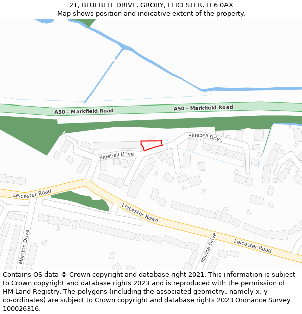 21, BLUEBELL DRIVE, GROBY, LEICESTER, LE6 0AX: Location map and indicative extent of plot