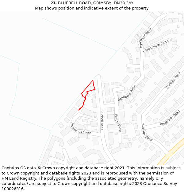 21, BLUEBELL ROAD, GRIMSBY, DN33 3AY: Location map and indicative extent of plot