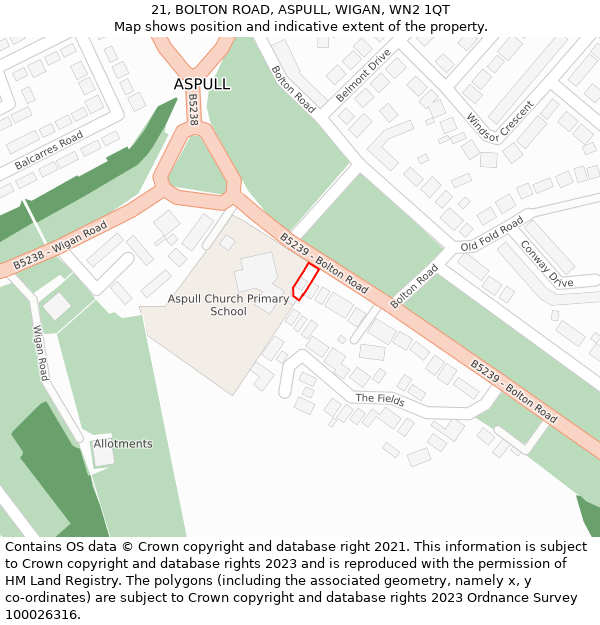 21, BOLTON ROAD, ASPULL, WIGAN, WN2 1QT: Location map and indicative extent of plot