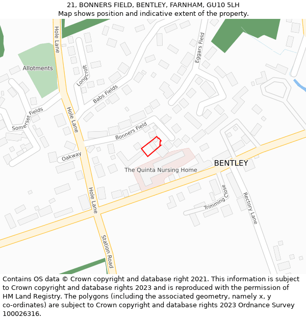 21, BONNERS FIELD, BENTLEY, FARNHAM, GU10 5LH: Location map and indicative extent of plot