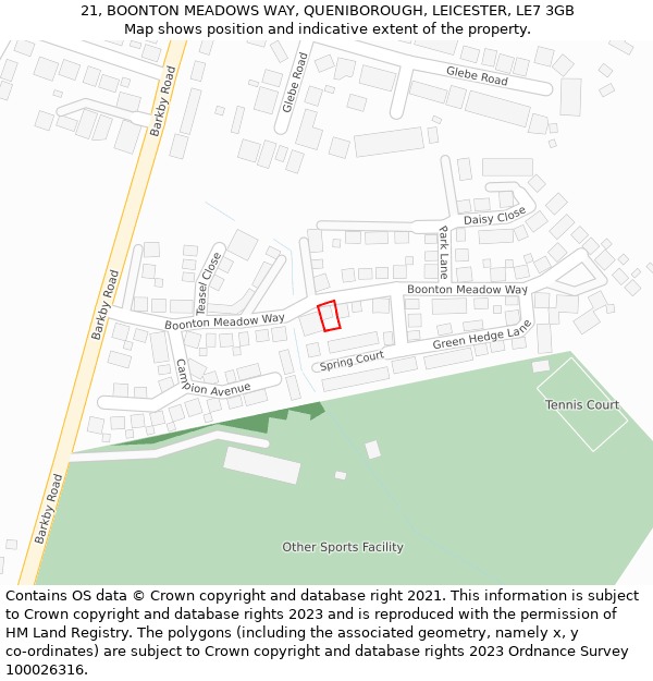 21, BOONTON MEADOWS WAY, QUENIBOROUGH, LEICESTER, LE7 3GB: Location map and indicative extent of plot