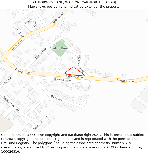 21, BORWICK LANE, WARTON, CARNFORTH, LA5 9QJ: Location map and indicative extent of plot