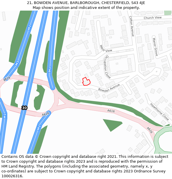 21, BOWDEN AVENUE, BARLBOROUGH, CHESTERFIELD, S43 4JE: Location map and indicative extent of plot