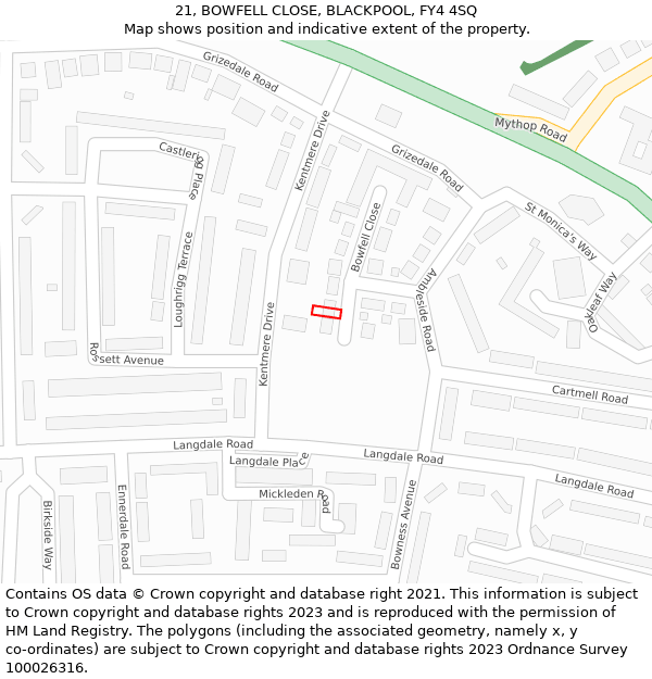 21, BOWFELL CLOSE, BLACKPOOL, FY4 4SQ: Location map and indicative extent of plot