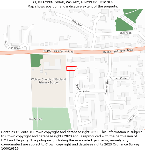 21, BRACKEN DRIVE, WOLVEY, HINCKLEY, LE10 3LS: Location map and indicative extent of plot