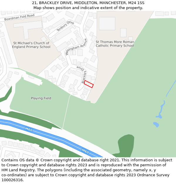 21, BRACKLEY DRIVE, MIDDLETON, MANCHESTER, M24 1SS: Location map and indicative extent of plot