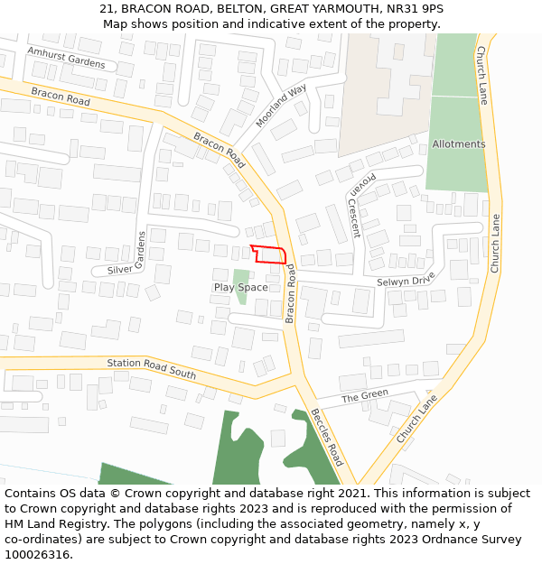 21, BRACON ROAD, BELTON, GREAT YARMOUTH, NR31 9PS: Location map and indicative extent of plot