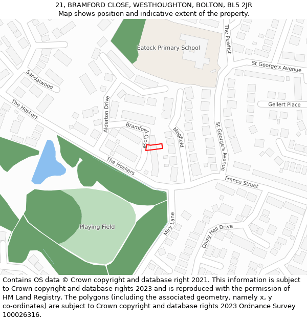 21, BRAMFORD CLOSE, WESTHOUGHTON, BOLTON, BL5 2JR: Location map and indicative extent of plot