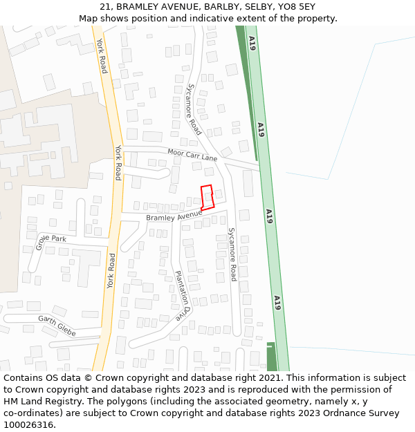 21, BRAMLEY AVENUE, BARLBY, SELBY, YO8 5EY: Location map and indicative extent of plot