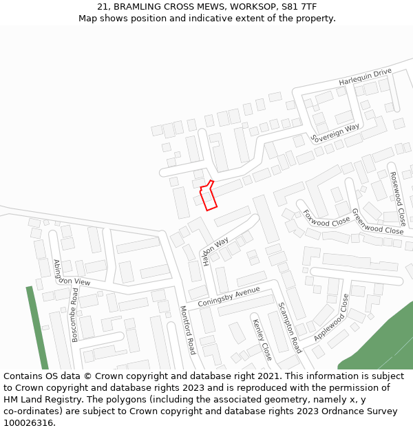 21, BRAMLING CROSS MEWS, WORKSOP, S81 7TF: Location map and indicative extent of plot