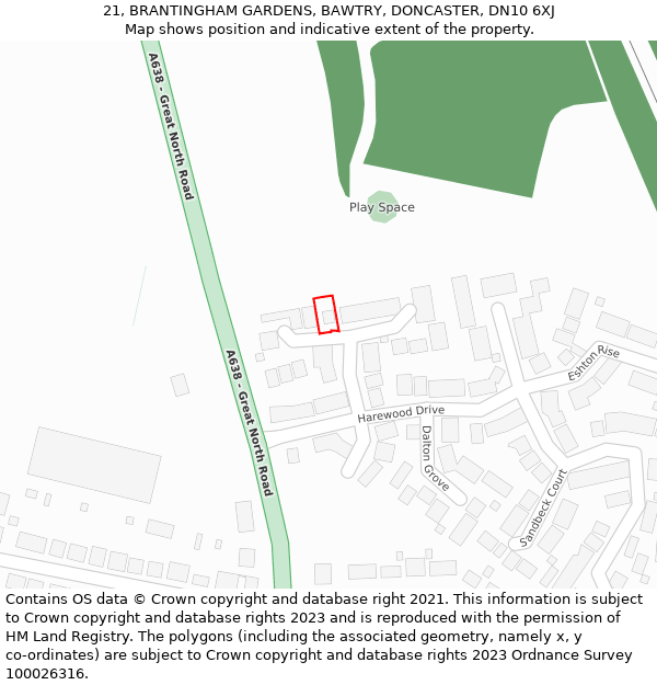 21, BRANTINGHAM GARDENS, BAWTRY, DONCASTER, DN10 6XJ: Location map and indicative extent of plot