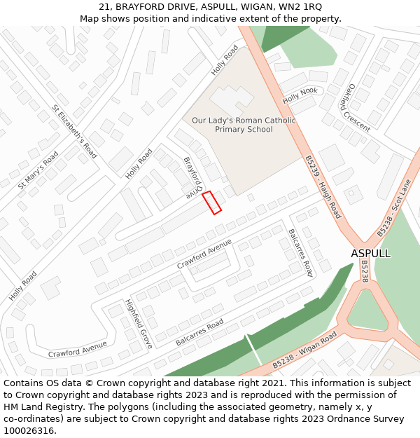 21, BRAYFORD DRIVE, ASPULL, WIGAN, WN2 1RQ: Location map and indicative extent of plot