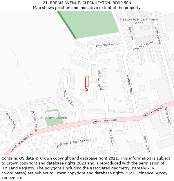 21, BREAM AVENUE, CLECKHEATON, BD19 5EN: Location map and indicative extent of plot