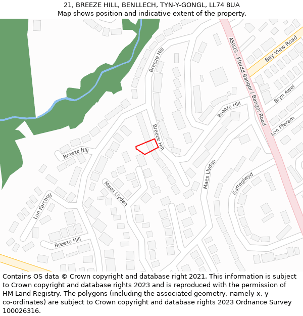 21, BREEZE HILL, BENLLECH, TYN-Y-GONGL, LL74 8UA: Location map and indicative extent of plot