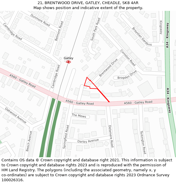 21, BRENTWOOD DRIVE, GATLEY, CHEADLE, SK8 4AR: Location map and indicative extent of plot