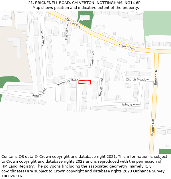 21, BRICKENELL ROAD, CALVERTON, NOTTINGHAM, NG14 6PL: Location map and indicative extent of plot