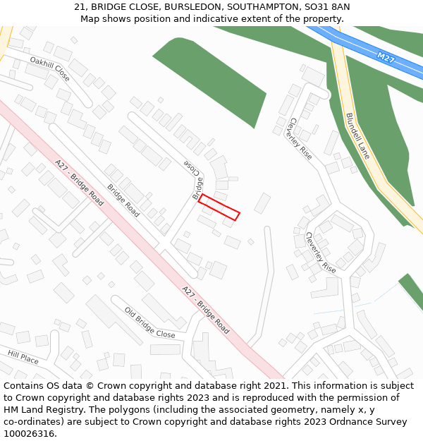 21, BRIDGE CLOSE, BURSLEDON, SOUTHAMPTON, SO31 8AN: Location map and indicative extent of plot