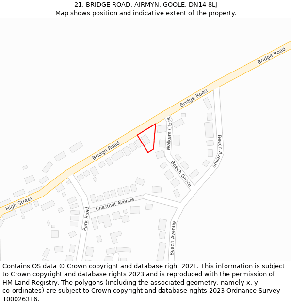 21, BRIDGE ROAD, AIRMYN, GOOLE, DN14 8LJ: Location map and indicative extent of plot