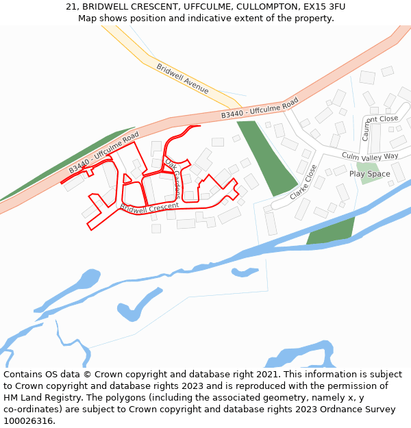 21, BRIDWELL CRESCENT, UFFCULME, CULLOMPTON, EX15 3FU: Location map and indicative extent of plot