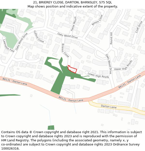 21, BRIEREY CLOSE, DARTON, BARNSLEY, S75 5QL: Location map and indicative extent of plot