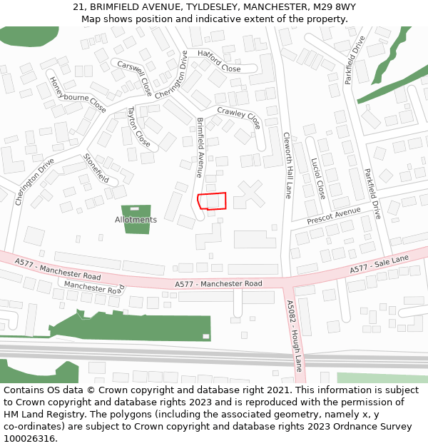 21, BRIMFIELD AVENUE, TYLDESLEY, MANCHESTER, M29 8WY: Location map and indicative extent of plot