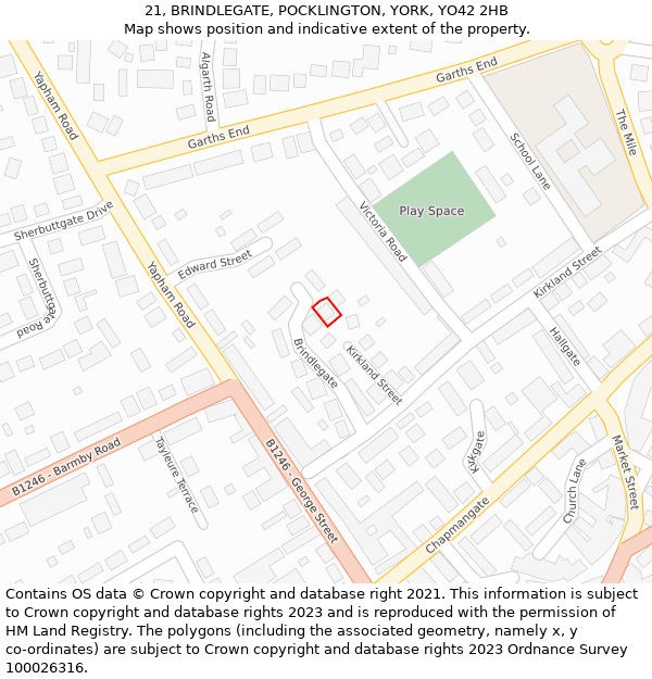 21, BRINDLEGATE, POCKLINGTON, YORK, YO42 2HB: Location map and indicative extent of plot