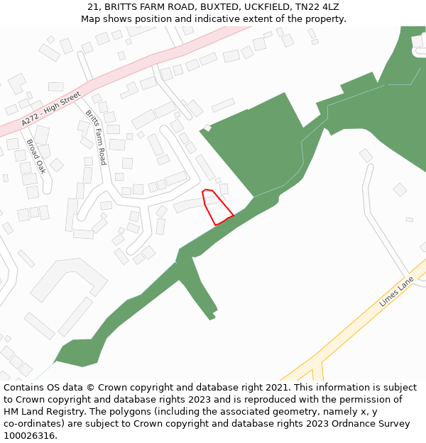 21, BRITTS FARM ROAD, BUXTED, UCKFIELD, TN22 4LZ: Location map and indicative extent of plot