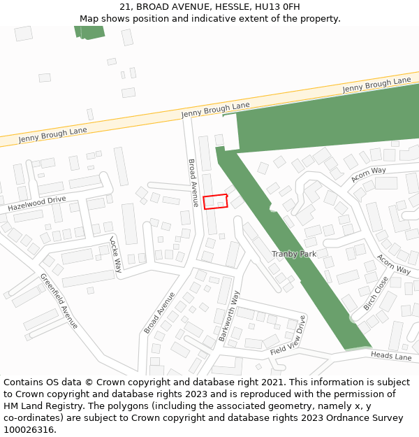 21, BROAD AVENUE, HESSLE, HU13 0FH: Location map and indicative extent of plot