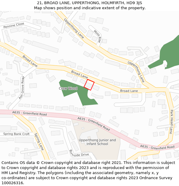 21, BROAD LANE, UPPERTHONG, HOLMFIRTH, HD9 3JS: Location map and indicative extent of plot