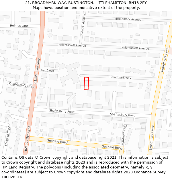 21, BROADMARK WAY, RUSTINGTON, LITTLEHAMPTON, BN16 2EY: Location map and indicative extent of plot