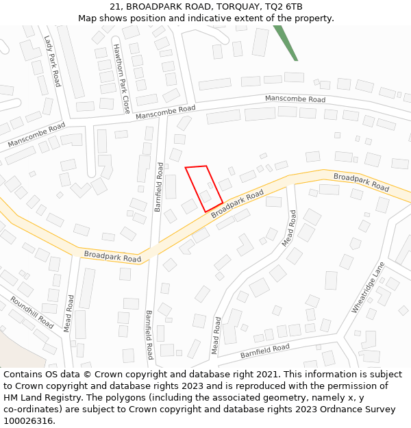 21, BROADPARK ROAD, TORQUAY, TQ2 6TB: Location map and indicative extent of plot