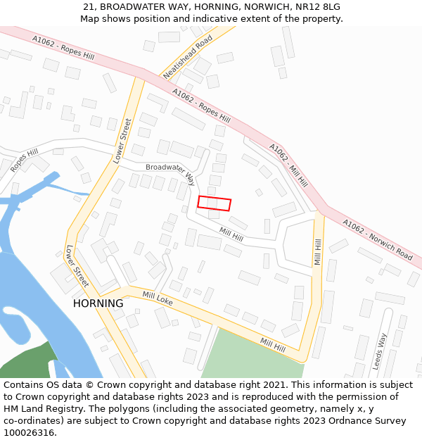 21, BROADWATER WAY, HORNING, NORWICH, NR12 8LG: Location map and indicative extent of plot