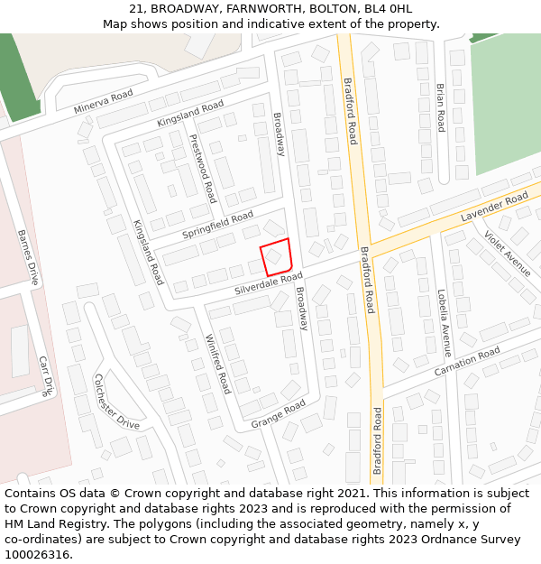 21, BROADWAY, FARNWORTH, BOLTON, BL4 0HL: Location map and indicative extent of plot
