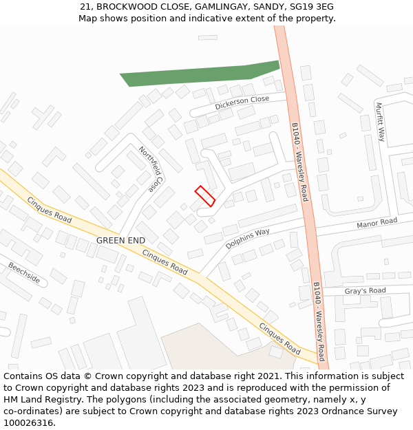 21, BROCKWOOD CLOSE, GAMLINGAY, SANDY, SG19 3EG: Location map and indicative extent of plot
