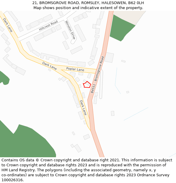 21, BROMSGROVE ROAD, ROMSLEY, HALESOWEN, B62 0LH: Location map and indicative extent of plot