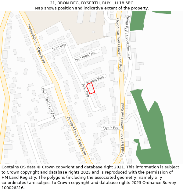 21, BRON DEG, DYSERTH, RHYL, LL18 6BG: Location map and indicative extent of plot