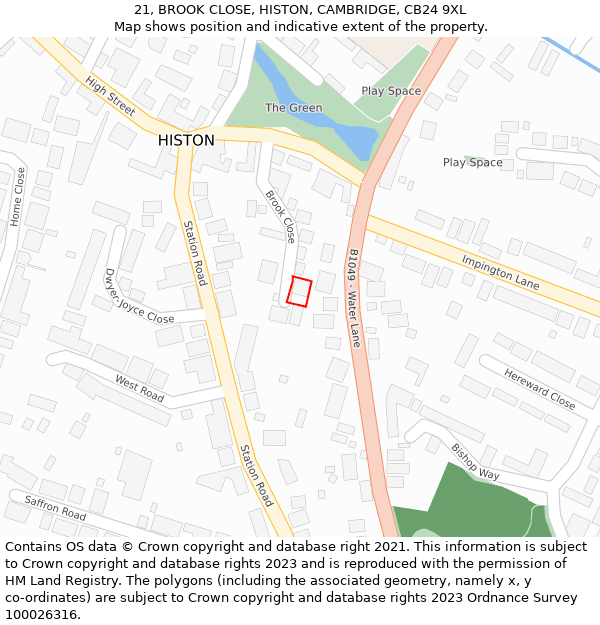 21, BROOK CLOSE, HISTON, CAMBRIDGE, CB24 9XL: Location map and indicative extent of plot
