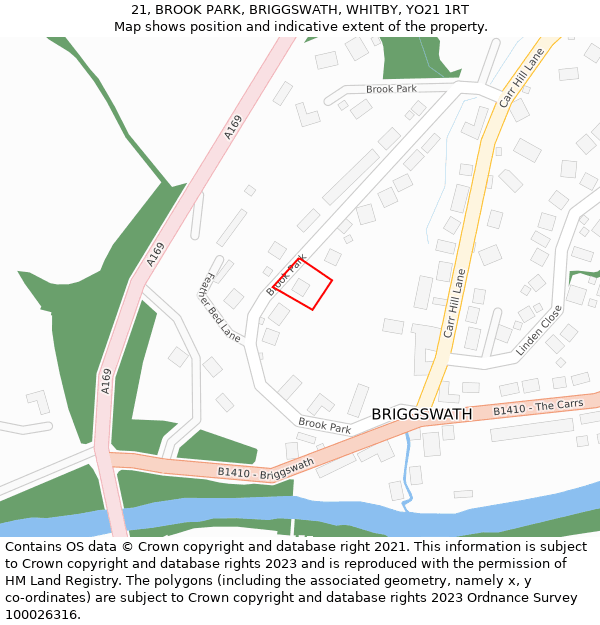 21, BROOK PARK, BRIGGSWATH, WHITBY, YO21 1RT: Location map and indicative extent of plot