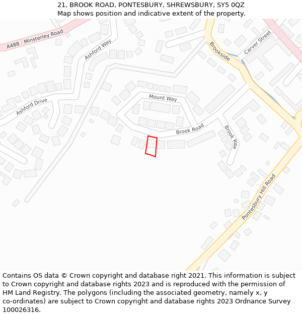 21, BROOK ROAD, PONTESBURY, SHREWSBURY, SY5 0QZ: Location map and indicative extent of plot