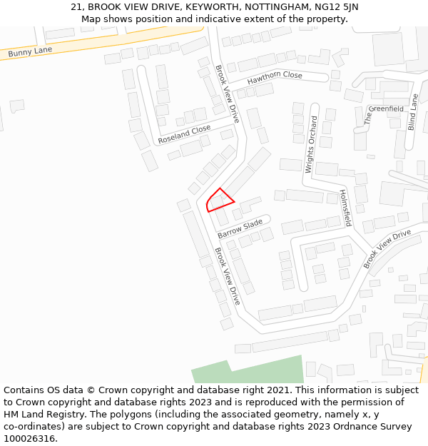 21, BROOK VIEW DRIVE, KEYWORTH, NOTTINGHAM, NG12 5JN: Location map and indicative extent of plot